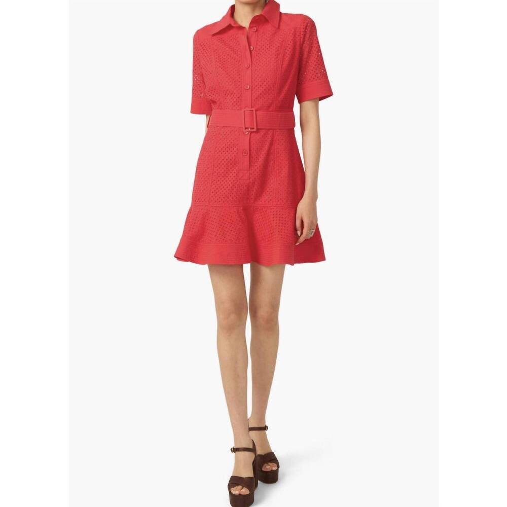 One-Shoulder Red Belted Eyelet Dress
